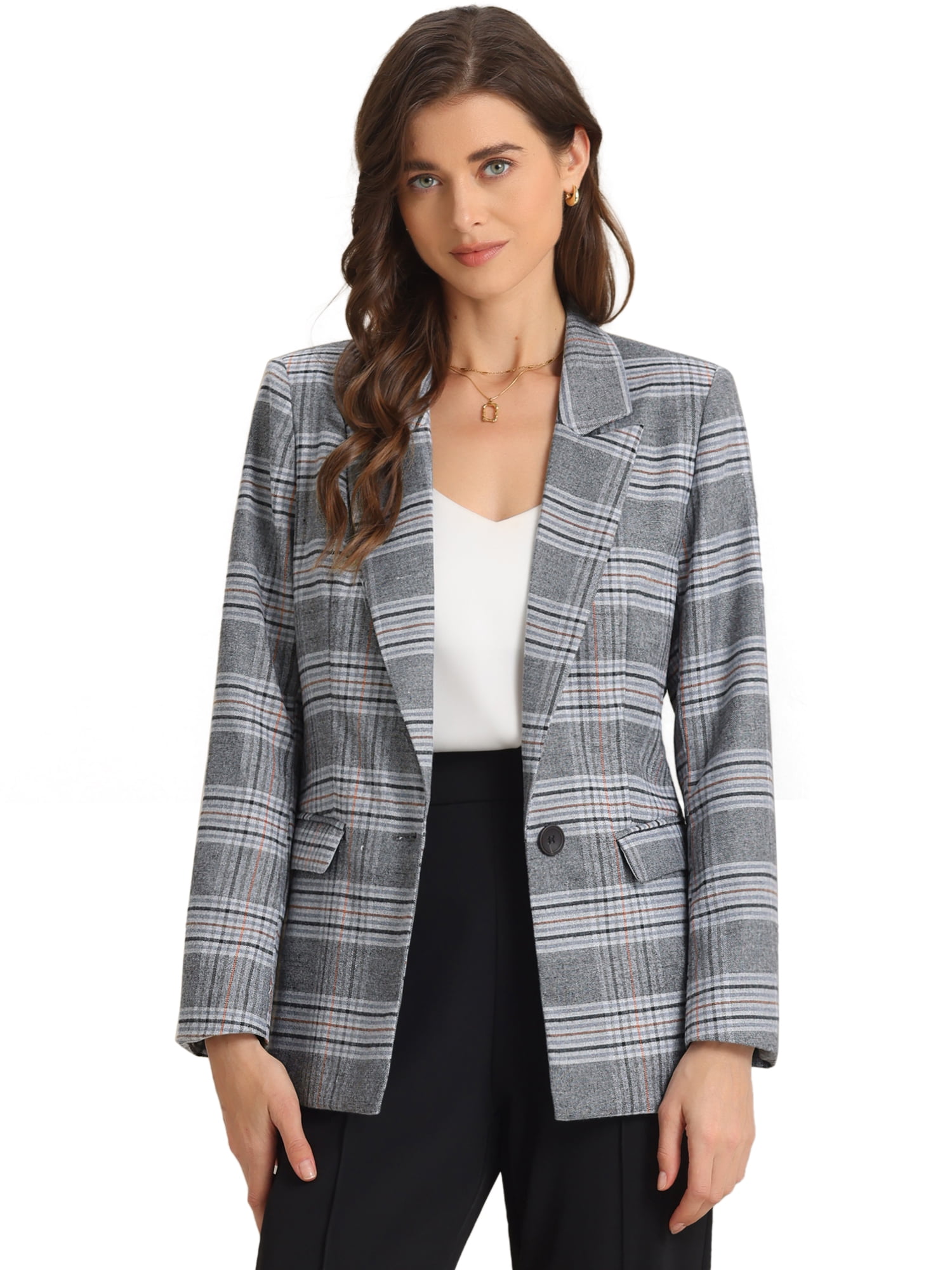 DARING DIVA Women's Plaid Notched Lapel Blazer S Grey