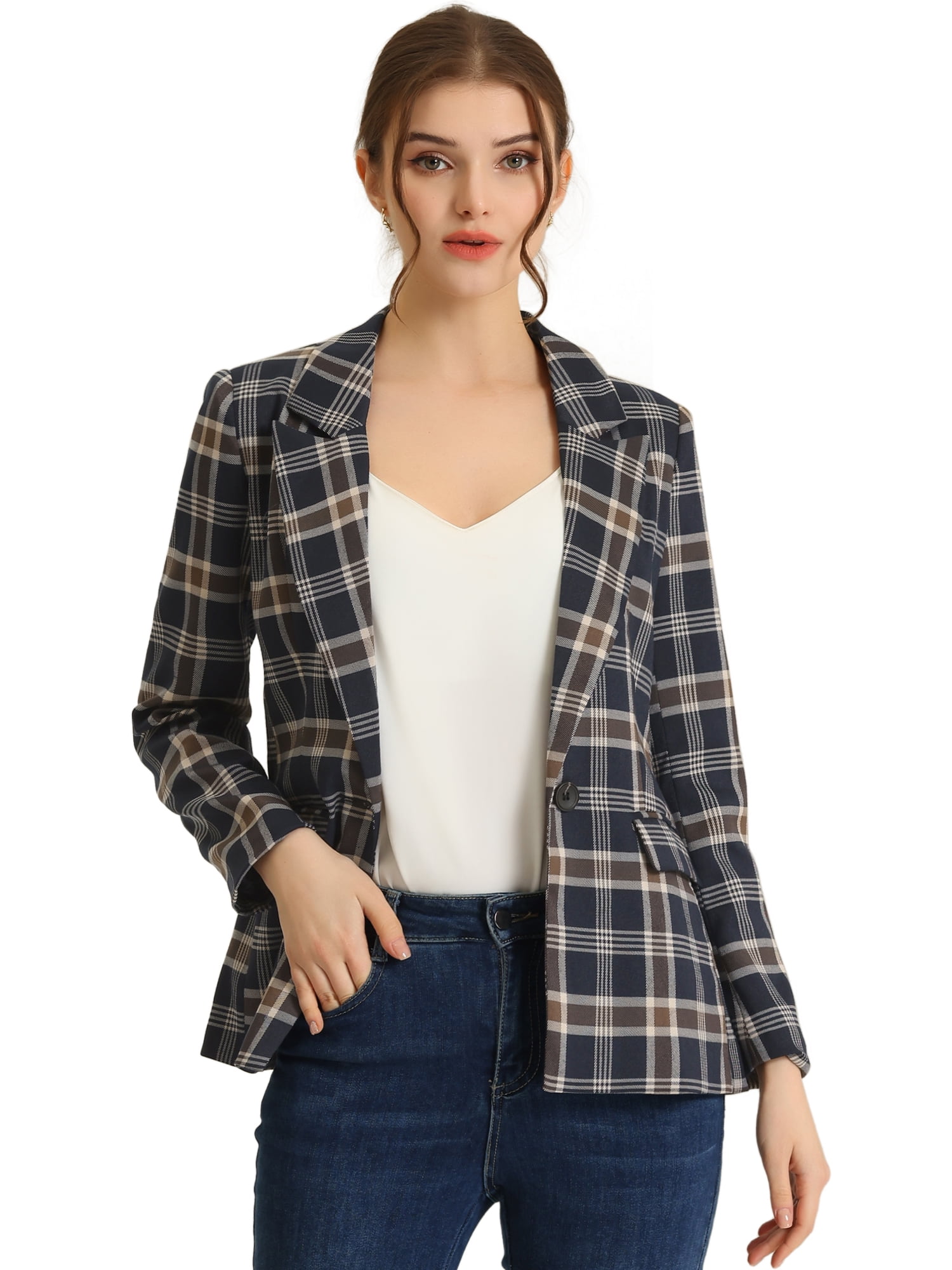 DARING DIVA Women's Plaid Notched Lapel Blazer XS Dark Blue
