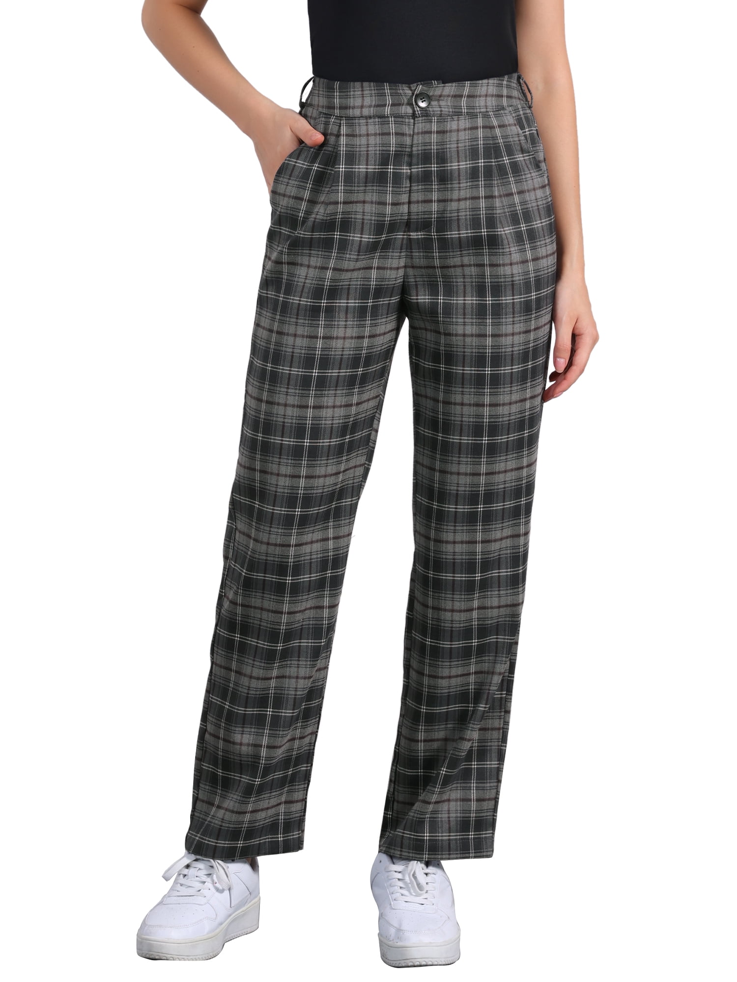 DARING DIVA Women's Plaid Pants Elastic Waist Casual Long Trousers XL Dark Gray Brown