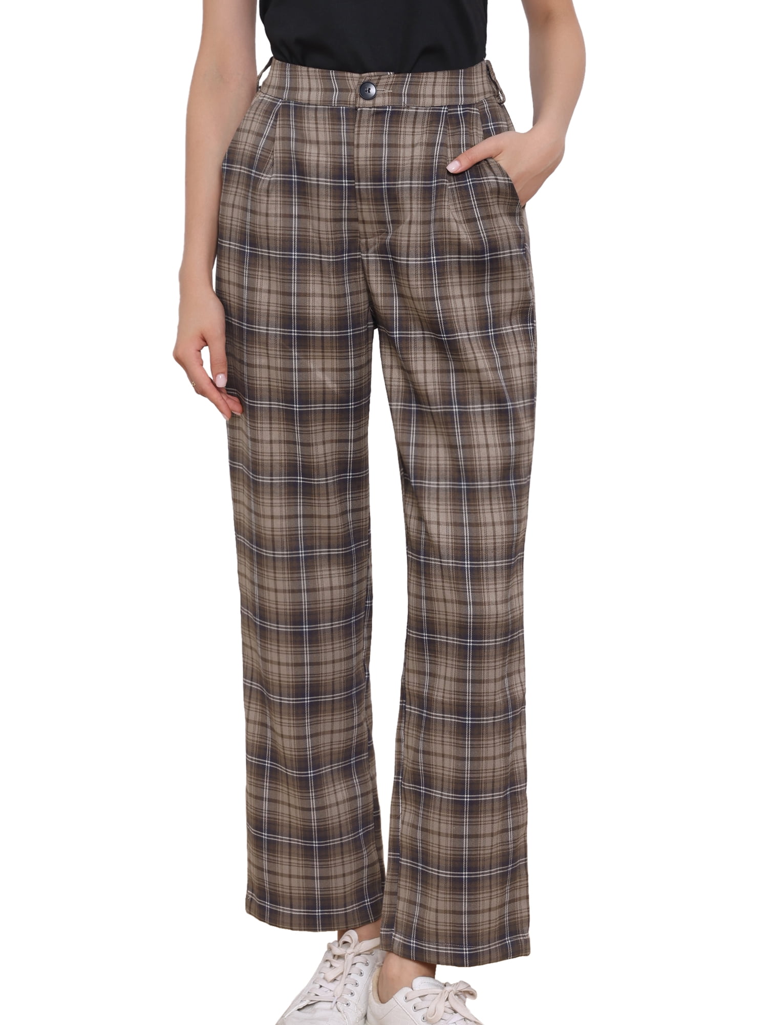 DARING DIVA Women's Plaid Pants Elastic Waist Casual Office Long Trousers XL Brown Coffee