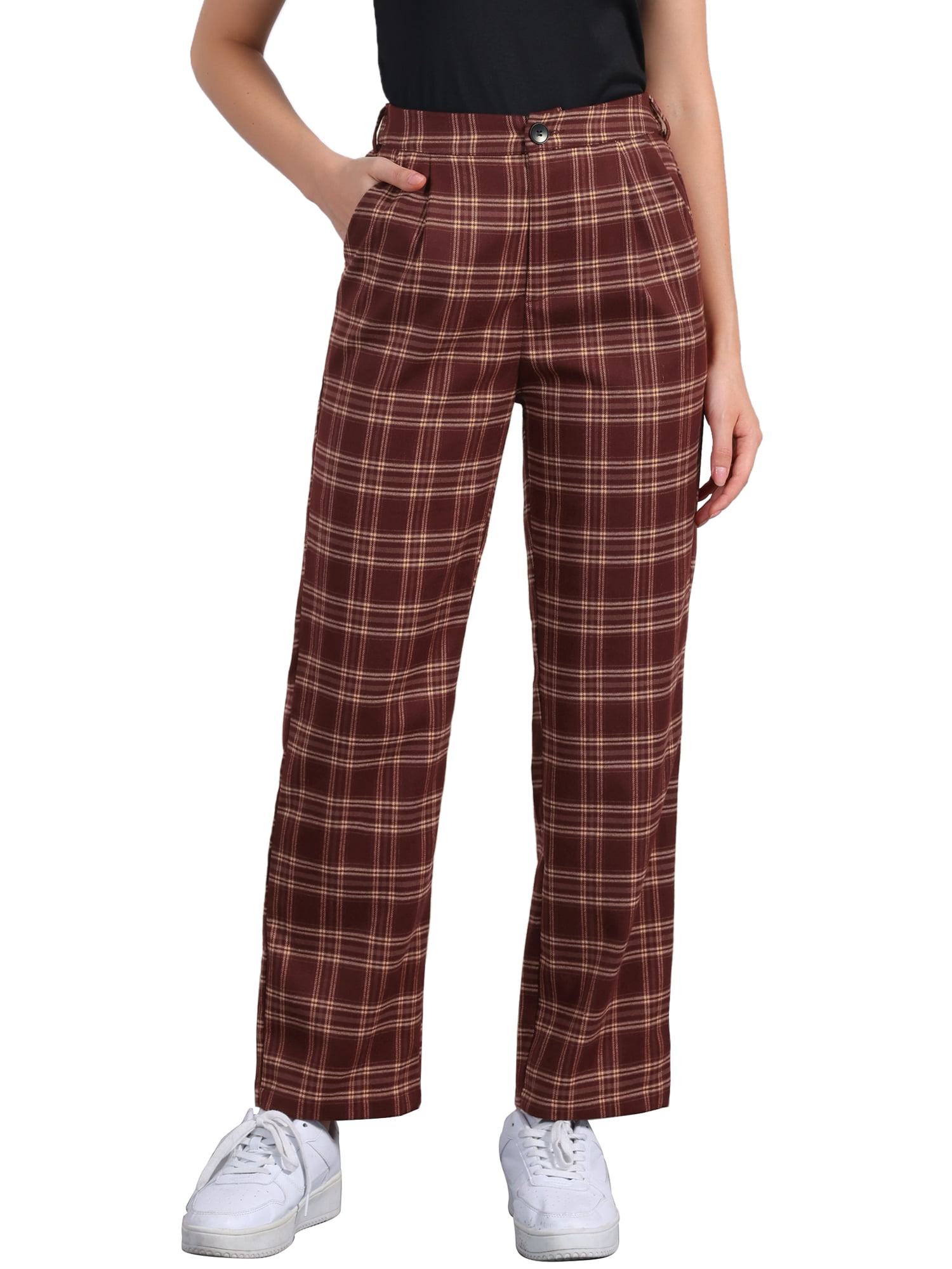 DARING DIVA Women's Plaid Pants Elastic Waist Casual Office Long Trousers XL Wine Red