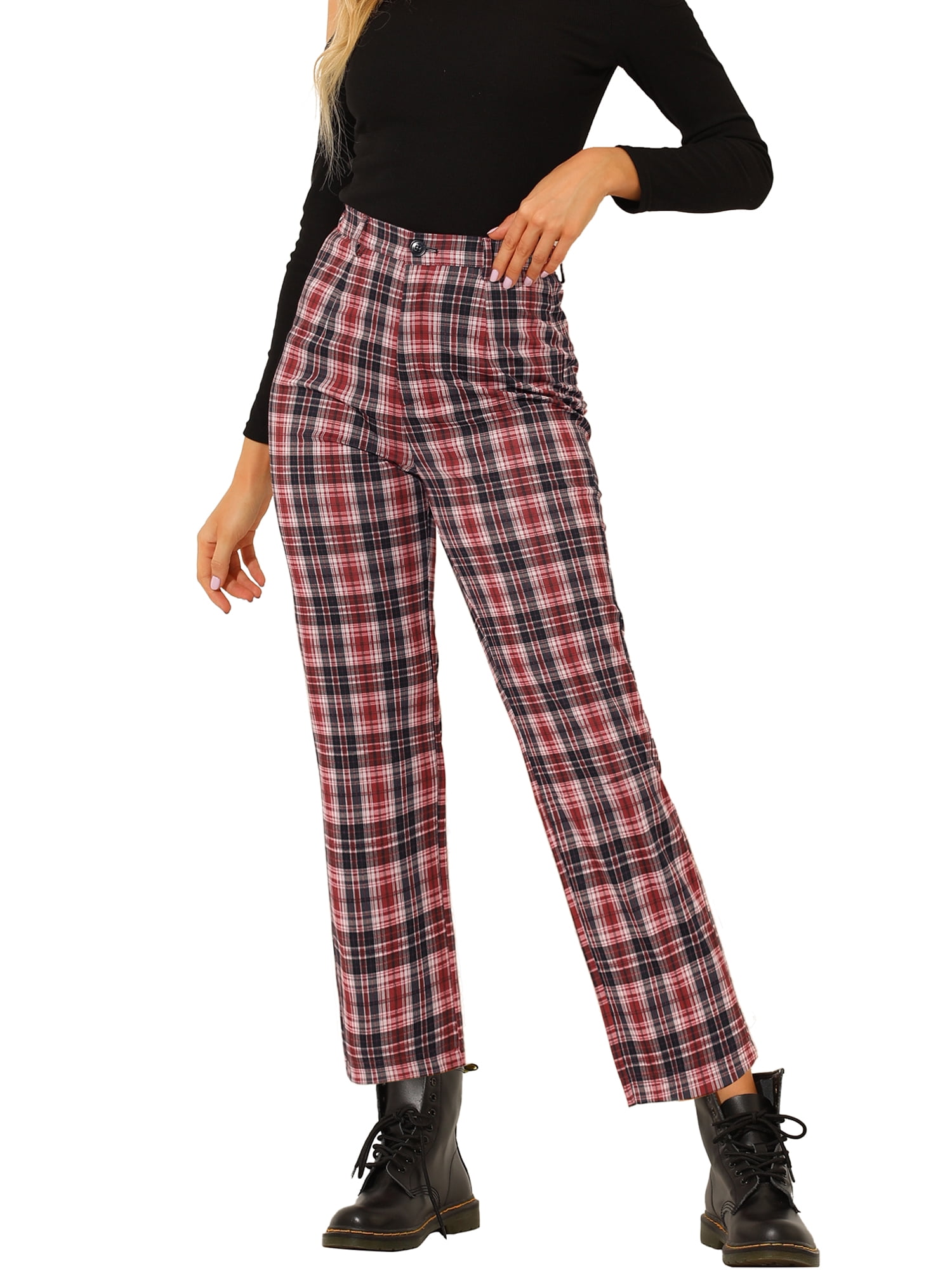 DARING DIVA Women's Plaid Pants High Waisted Tartan Checkered Cropped Pants 2XL Red