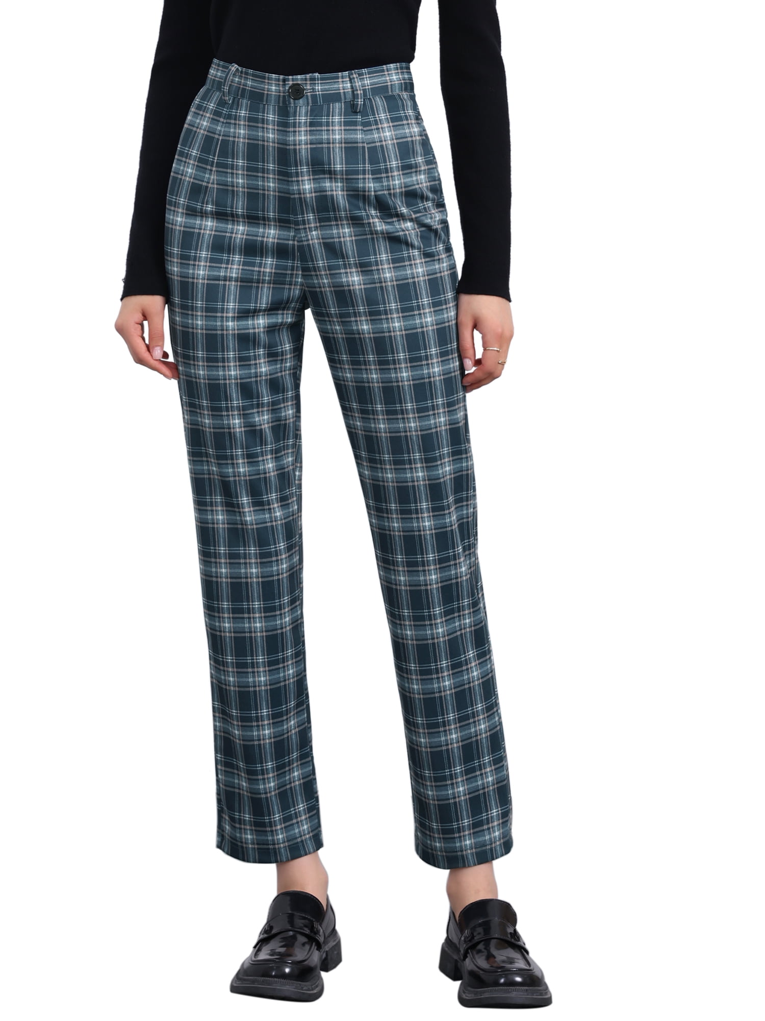DARING DIVA Women's Plaid Pants High Waisted Tartan Checkered Cropped Pants L Navy Blue