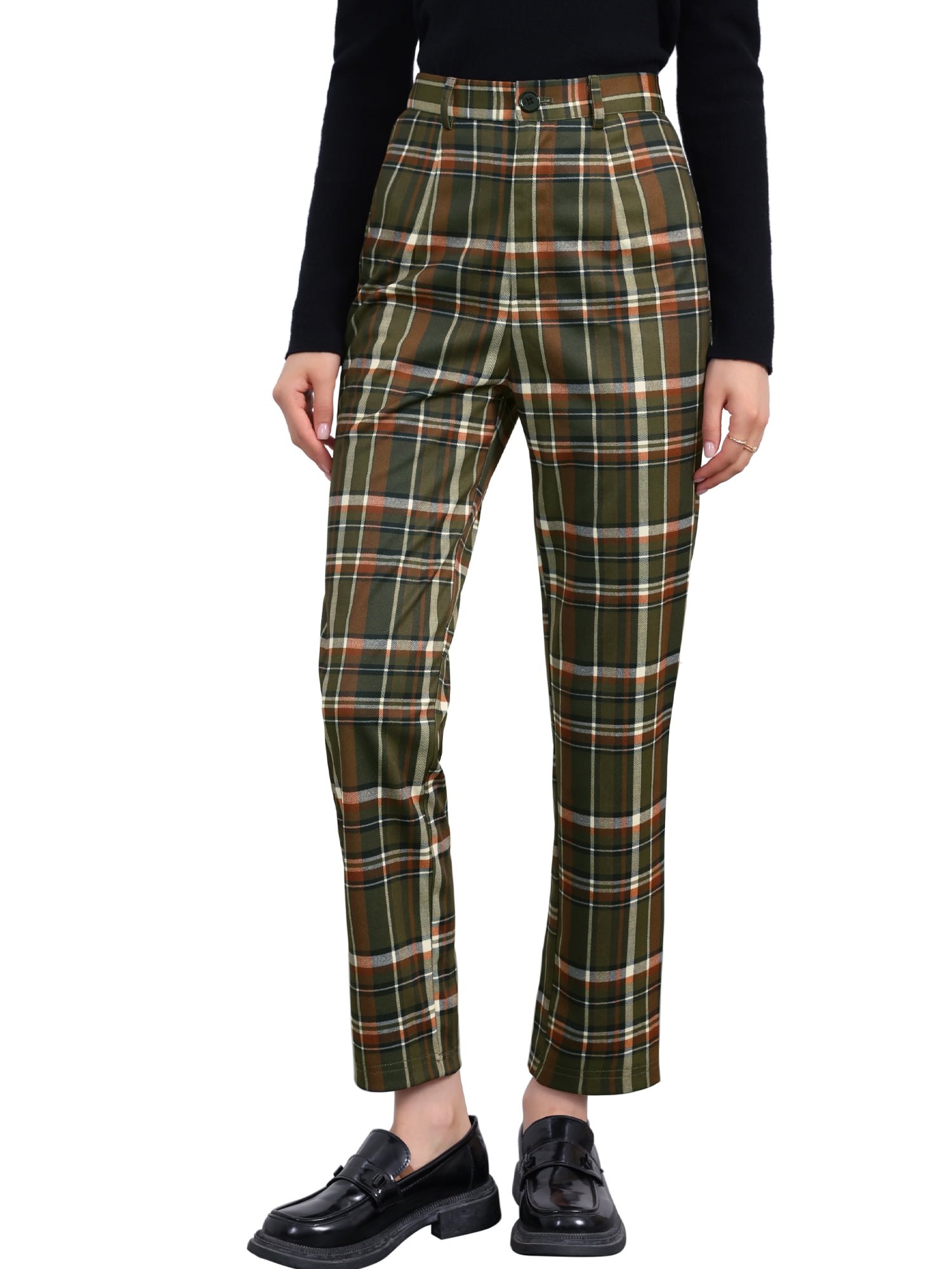 DARING DIVA Women's Plaid Pants High Waisted Tartan Checkered Cropped Pants XL Army Green