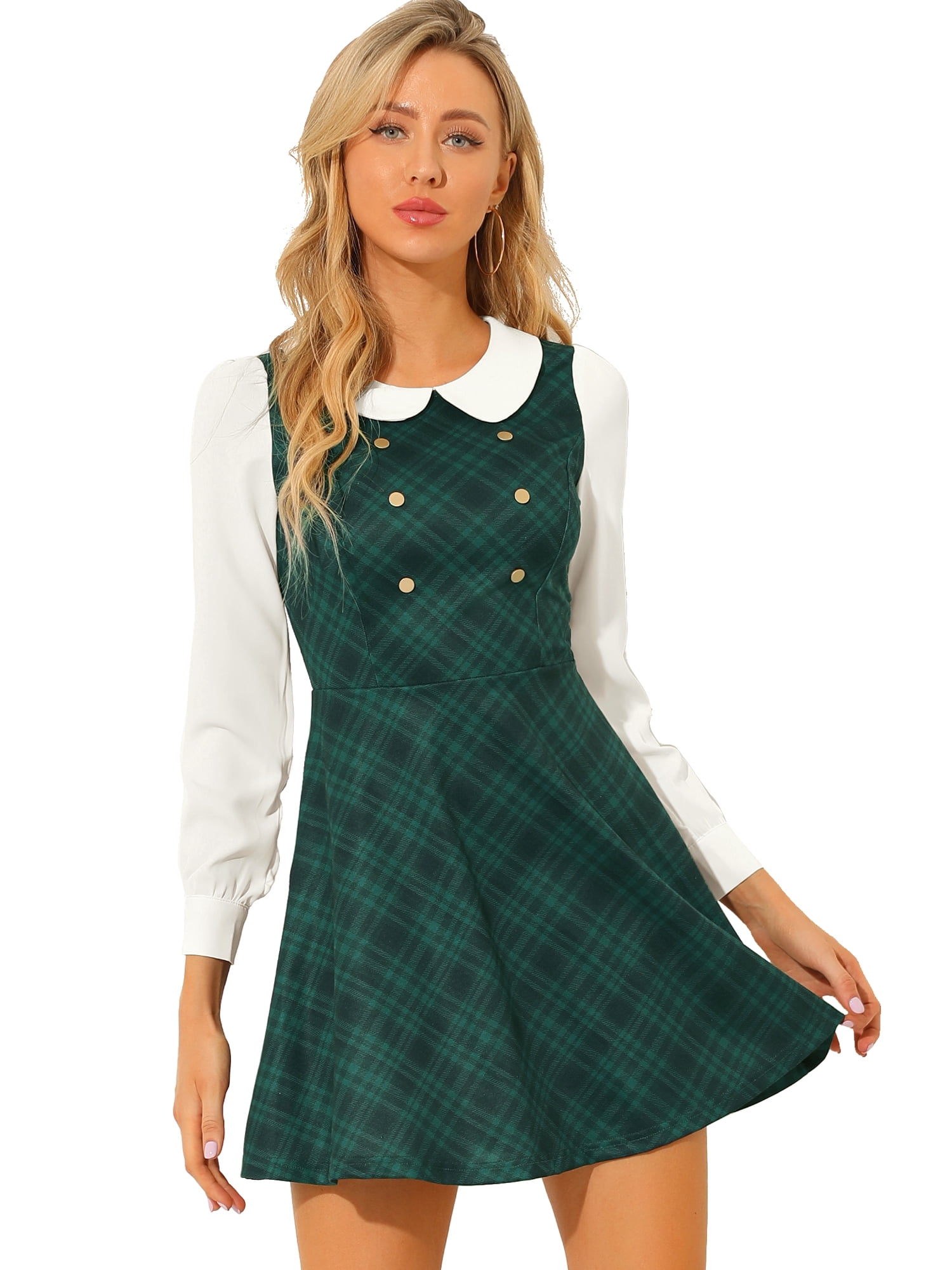 DARING DIVA Women's Plaid Peter Pan Collar Mini A-Line Dress M Green