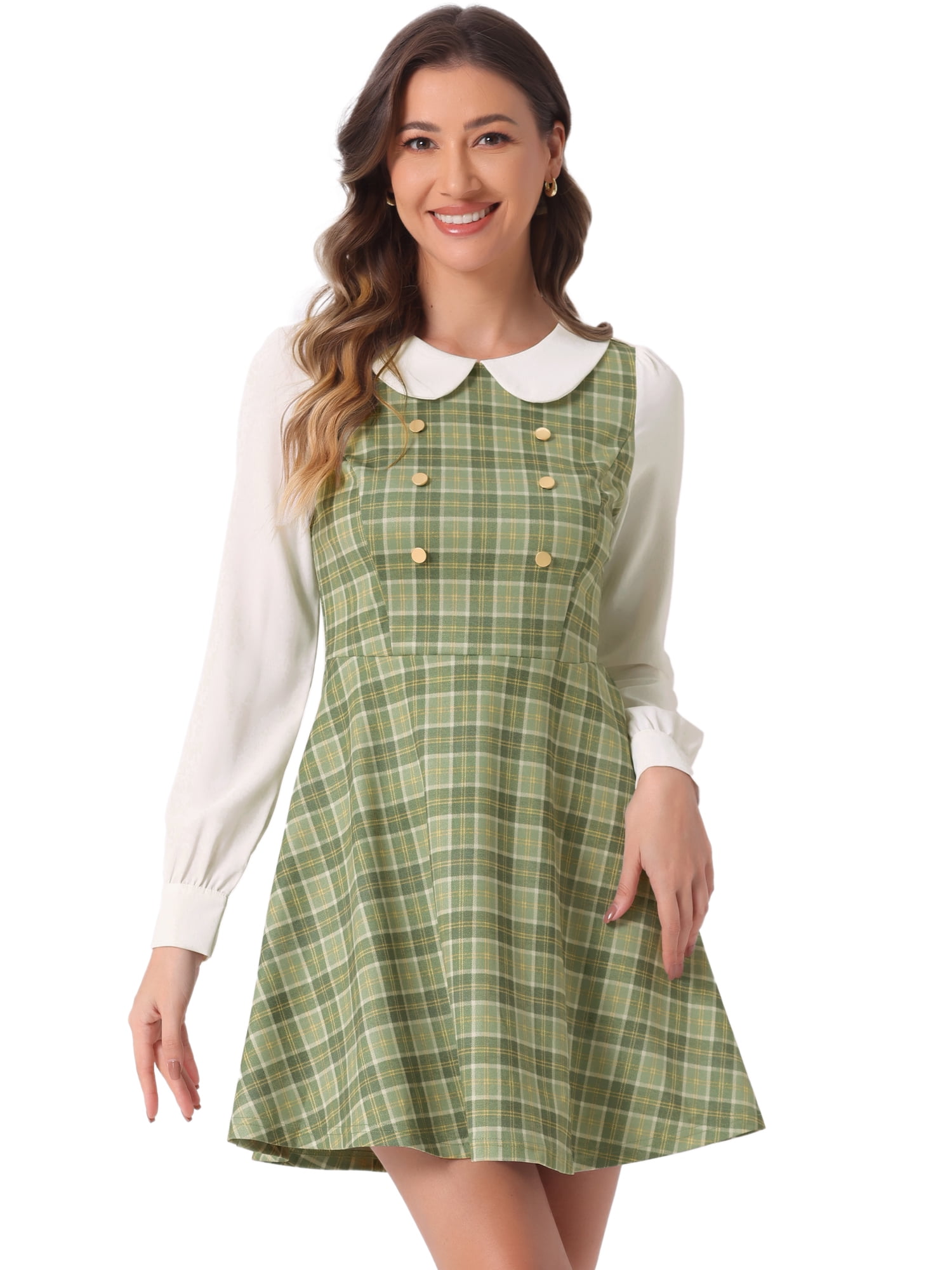 DARING DIVA Women's Plaid Peter Pan Collar Mini A-Line Dress S Light Green