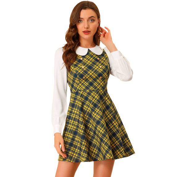 DARING DIVA Women's Plaid Peter Pan Collar Mini A-Line Dress S Yellow