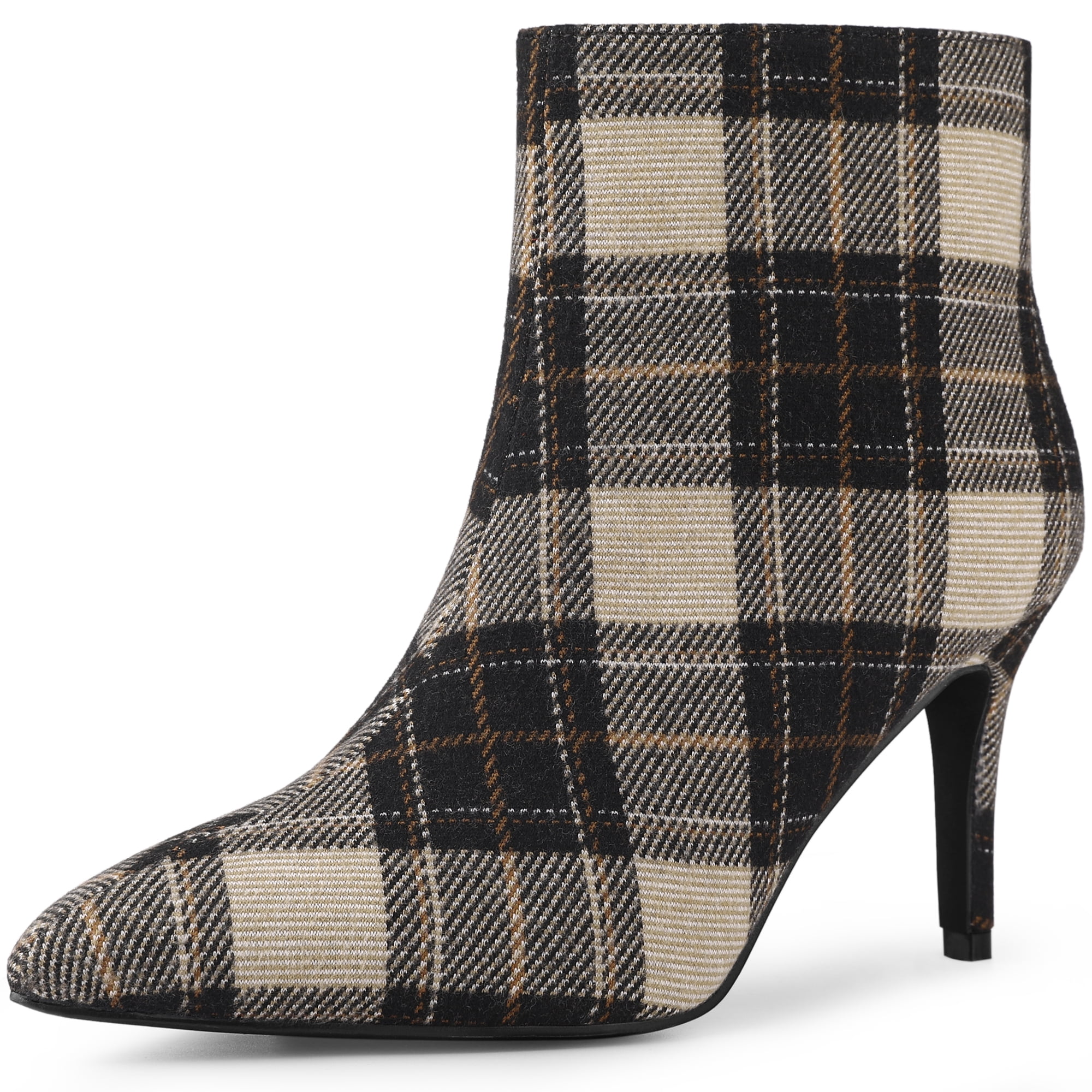 DARING DIVA Women's Plaid Pointy Toe Side Zip Stiletto Heel Ankle Boots Brown 7.5