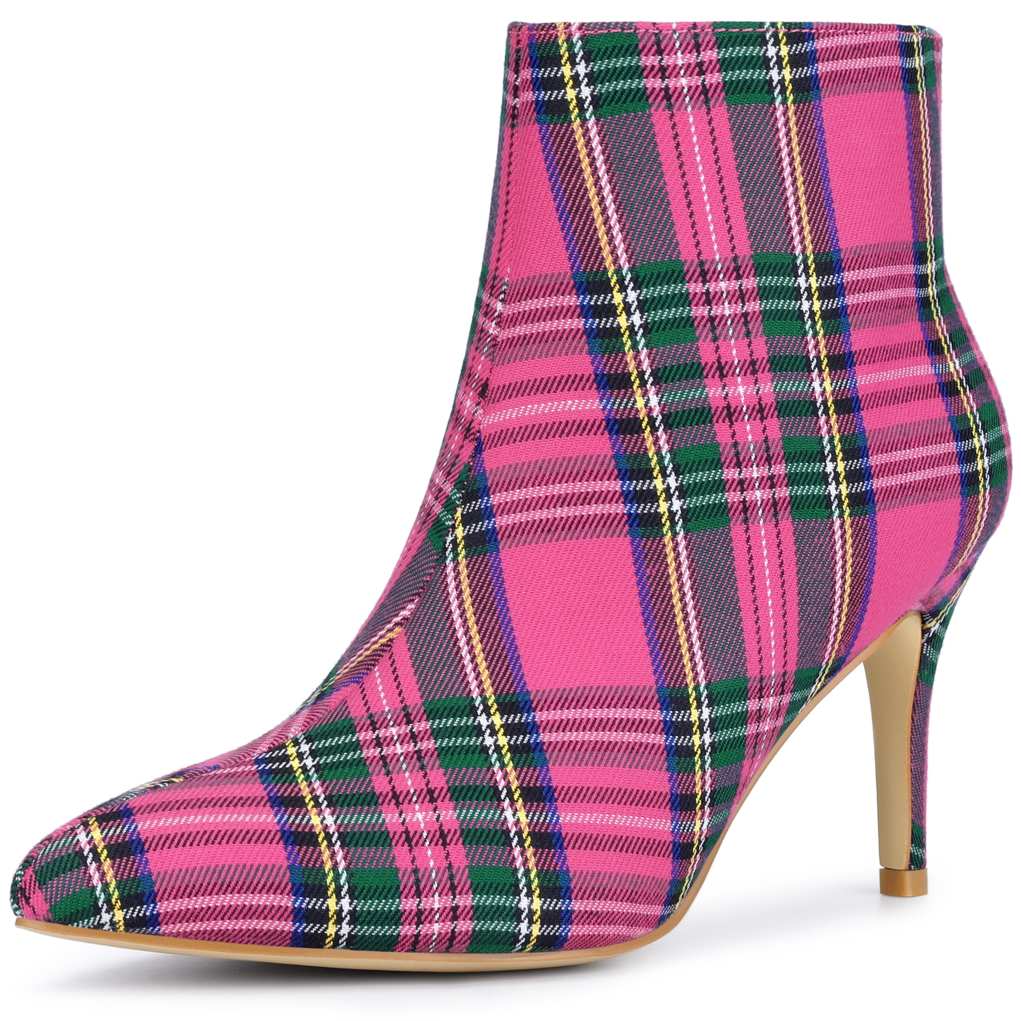 DARING DIVA Women's Plaid Pointy Toe Side Zip Stiletto Heel Ankle Boots Hot Pink 8