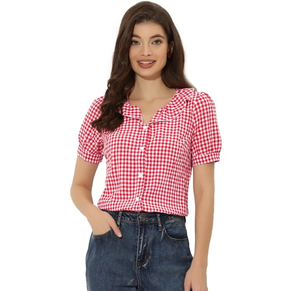 DARING DIVA Women's Plaid Puff Sleeve Ruffle Peter Pan Collar Blouse S Red