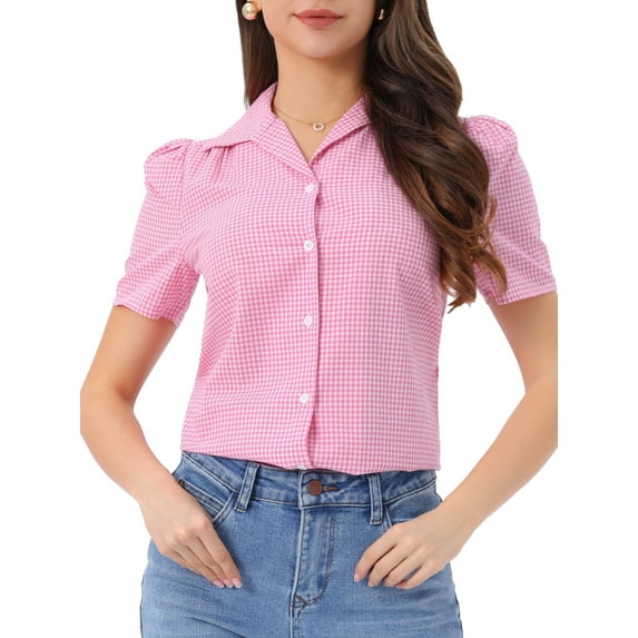 DARING DIVA Women's Plaid Puff Sleeves Gingham Blouse Shirt S Pink White