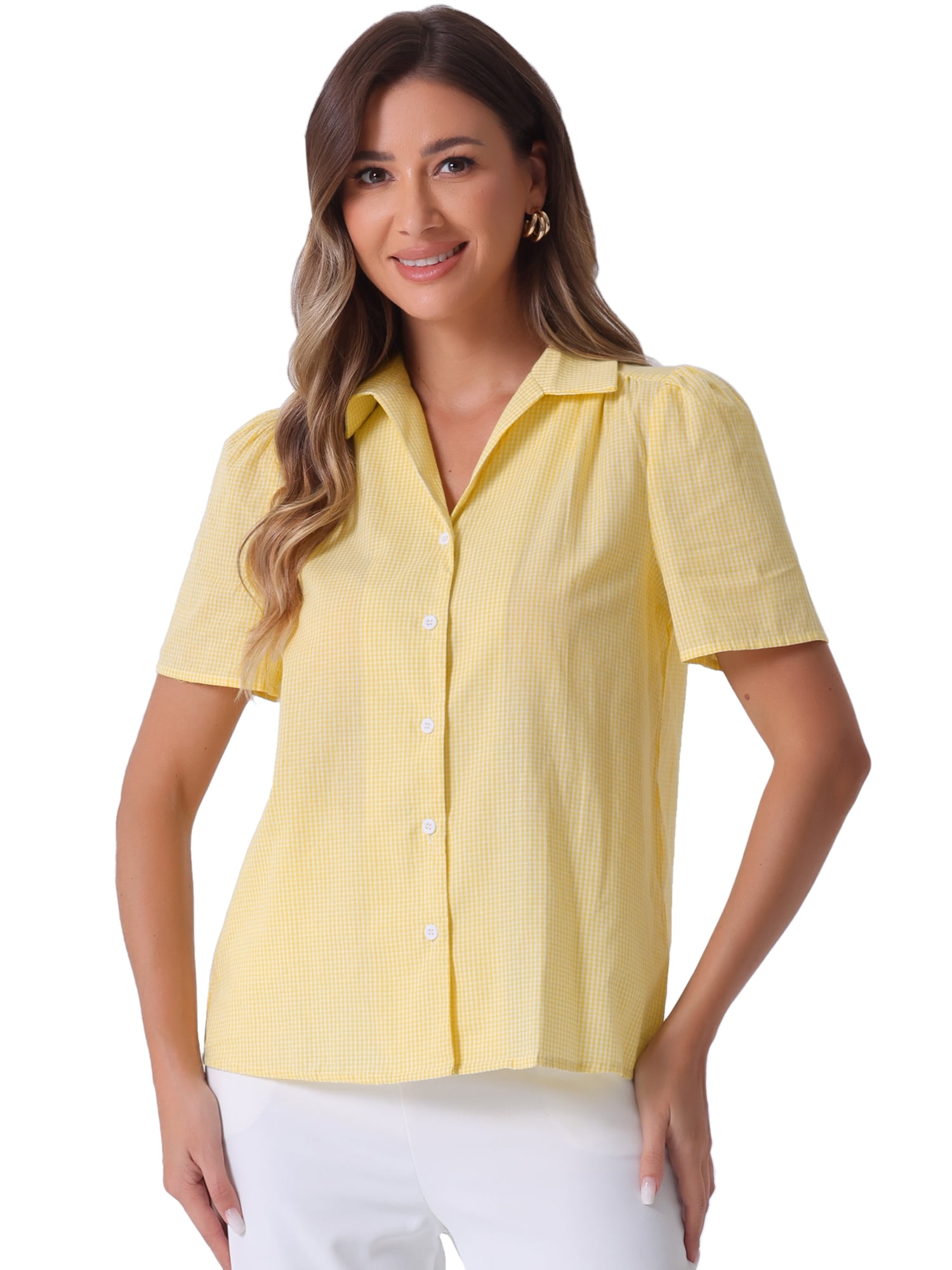 DARING DIVA Women's Plaid Puff Sleeves Gingham Blouse Shirt XS Yellow