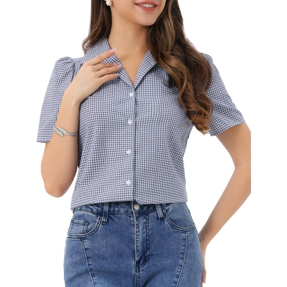 DARING DIVA Women's Plaid Puff Sleeves Vintage Gingham Blouses M Purple