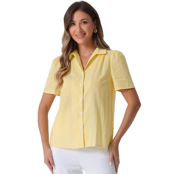 DARING DIVA Women's Plaid Puff Sleeves Vintage Gingham Blouses S Yellow