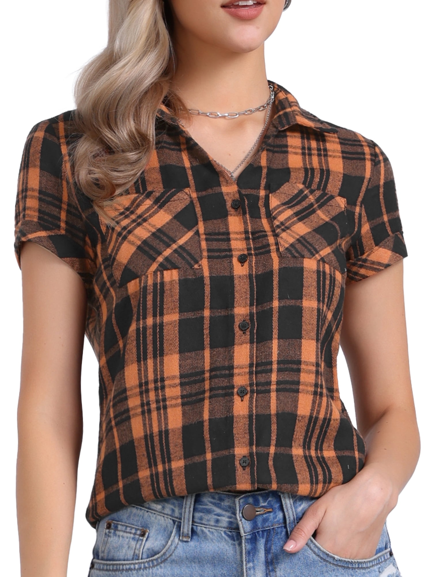 DARING DIVA Women's Plaid Shirts Cotton Short Sleeve Button Down Shirt M Black Orange