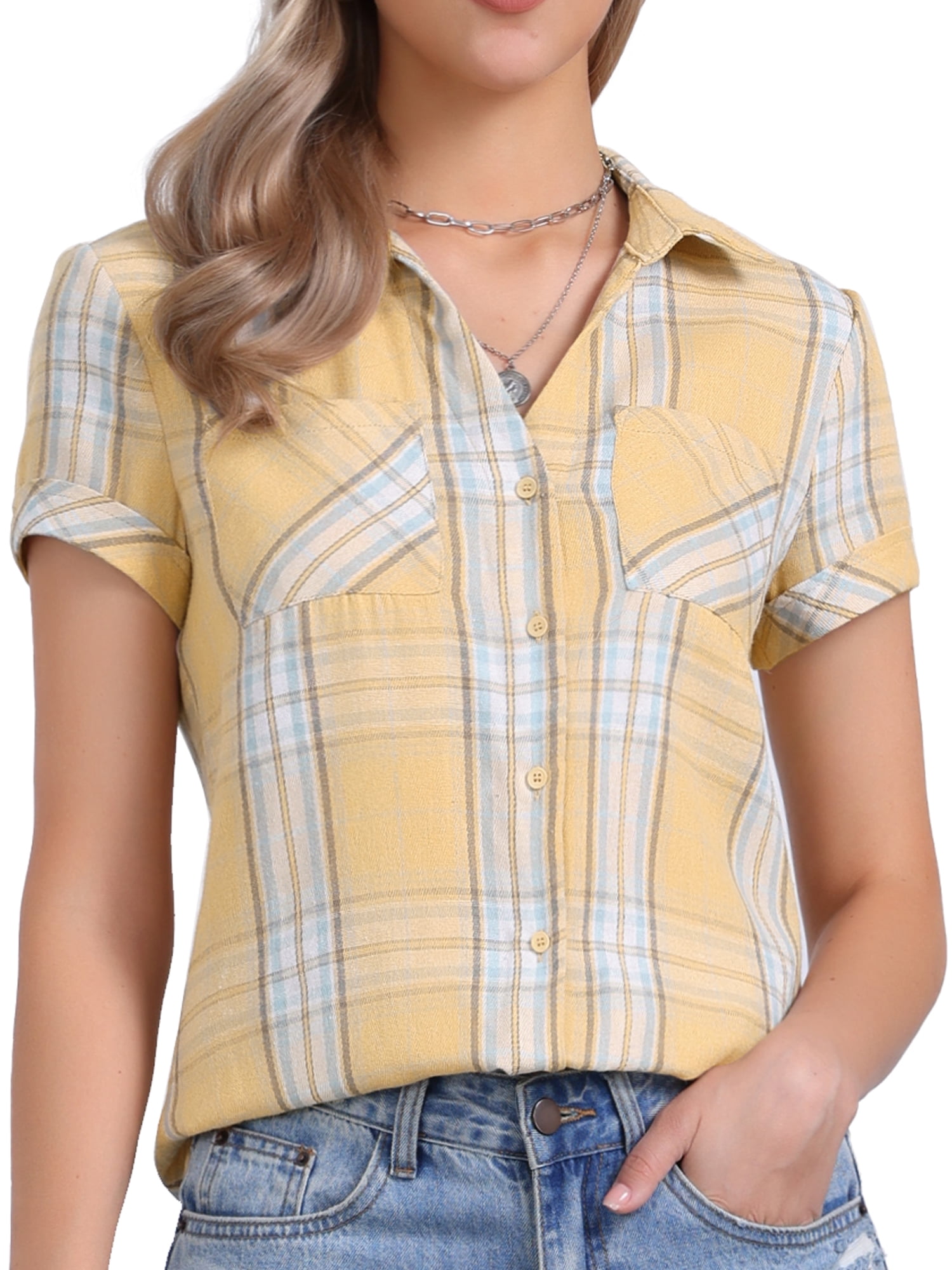 DARING DIVA Women's Plaid Shirts Cotton Short Sleeve Button Down Shirt M Yellow Blue