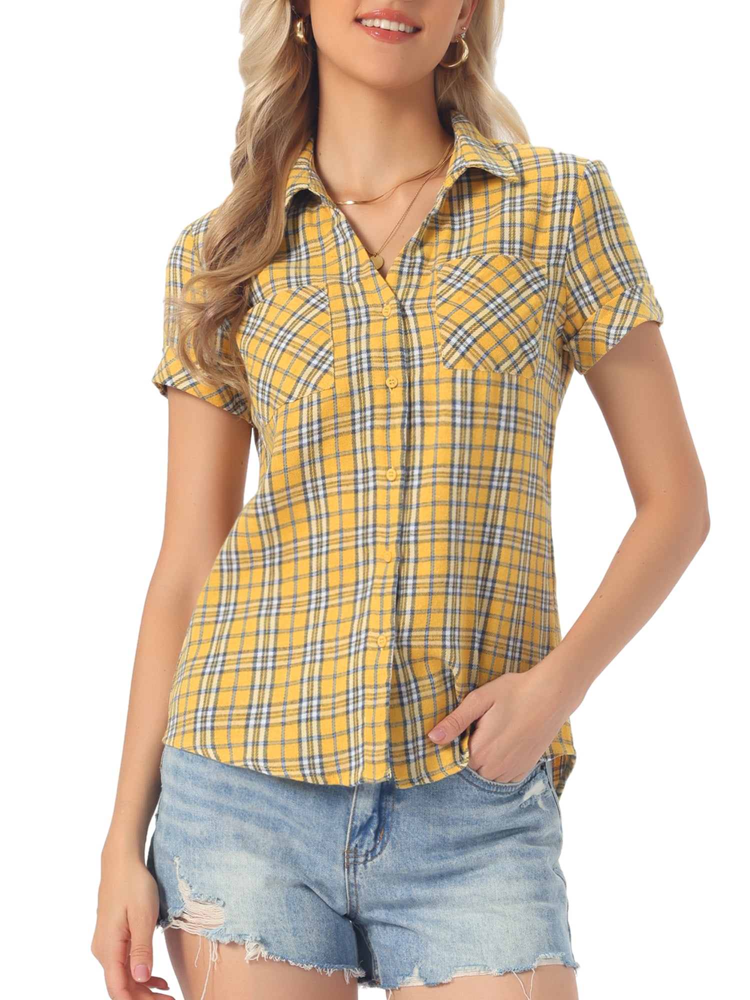 DARING DIVA Women's Plaid Shirts Cotton Short Sleeve Button Down Shirt S Cream