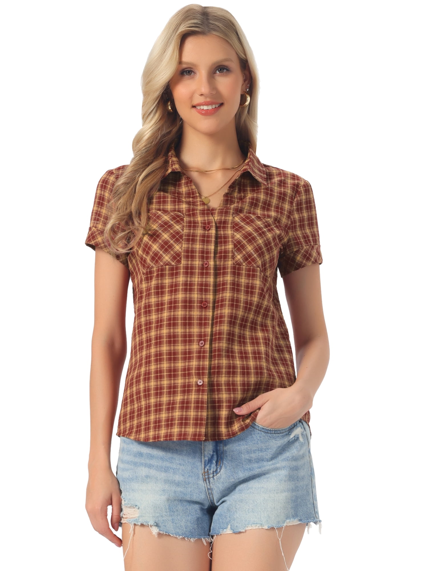 DARING DIVA Women's Plaid Shirts Cotton Short Sleeve Button Down Shirt XL Deep Red 2
