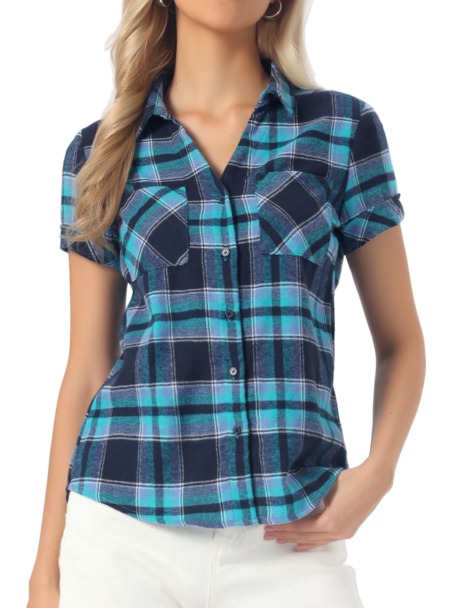 DARING DIVA Women's Plaid Shirts Cotton Short Sleeve Button Down Shirt XL Lake Blue