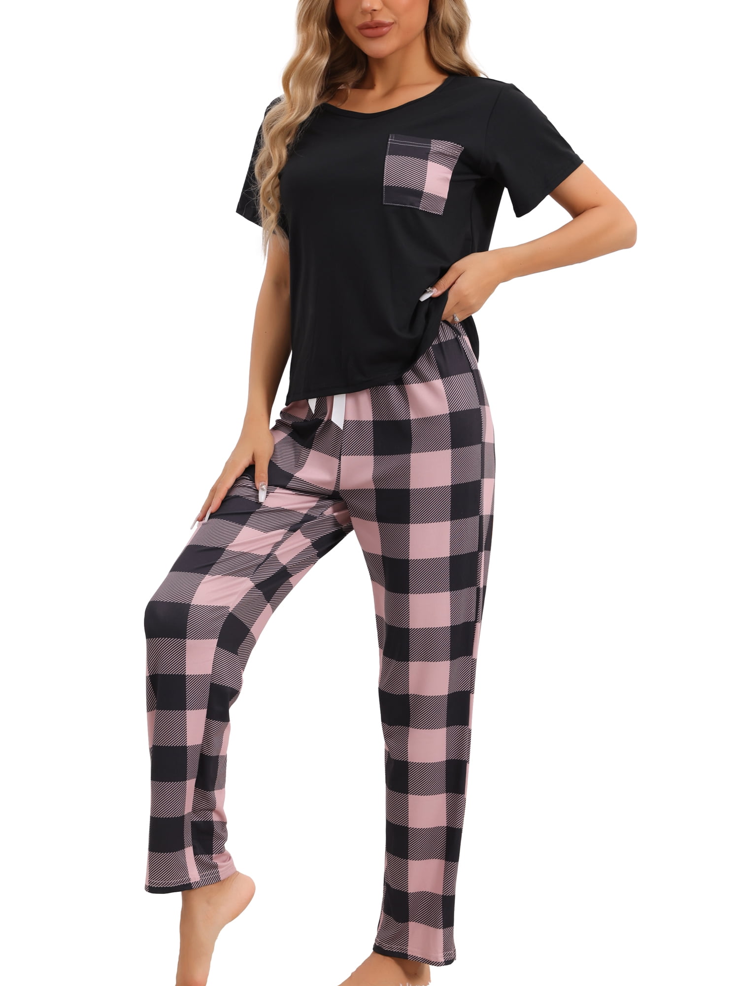 DARING DIVA Women's Plaid Short Sleeve Tops with Pants Pajama Sets XS Pink
