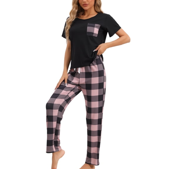 DARING DIVA Women's Plaid Short Sleeve Tops with Pants Pajama Sets XS Pink