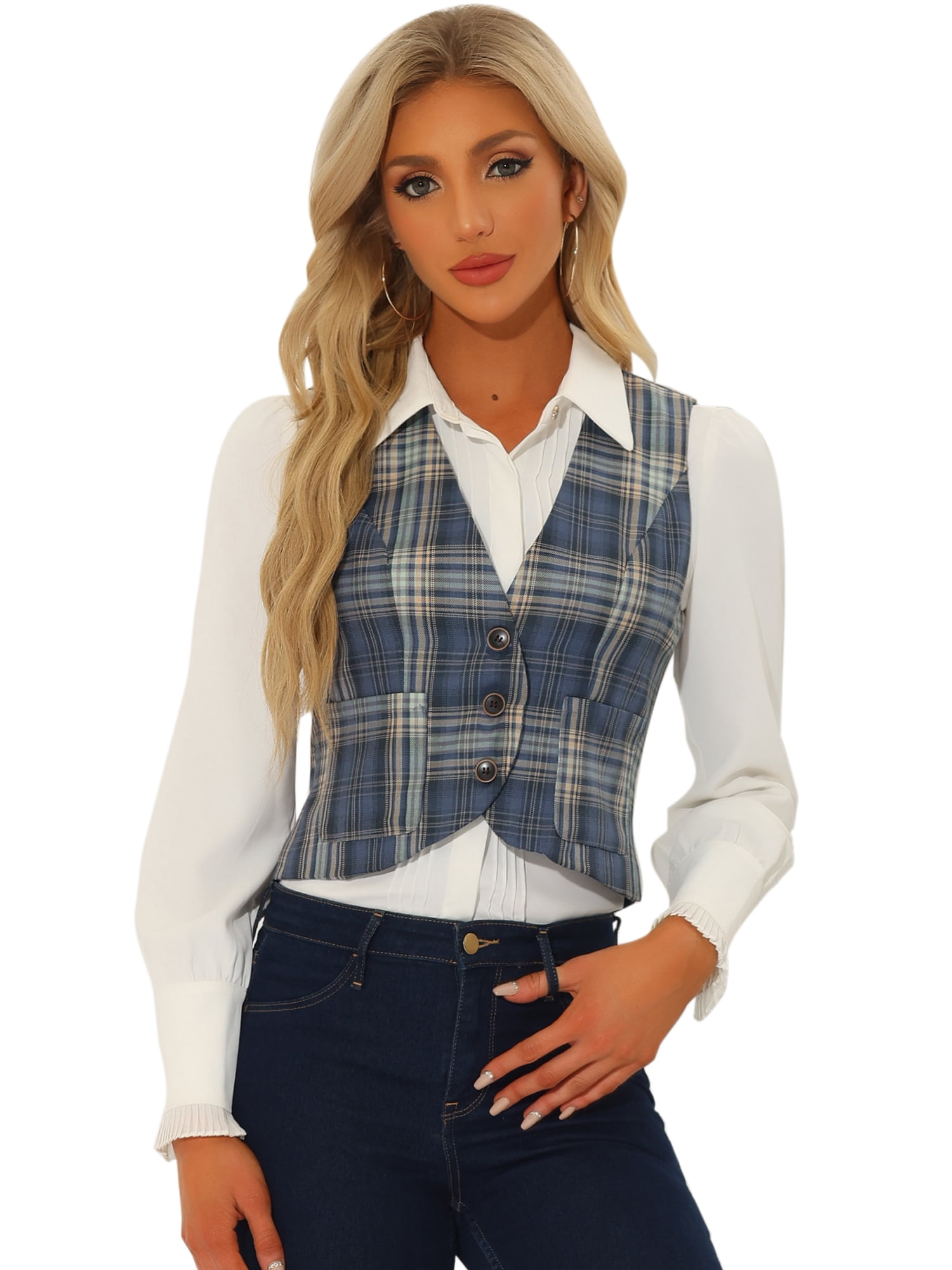 DARING DIVA Women's Plaid Single Breasted Sleeveless Racerback Waistcoat L Grey Blue