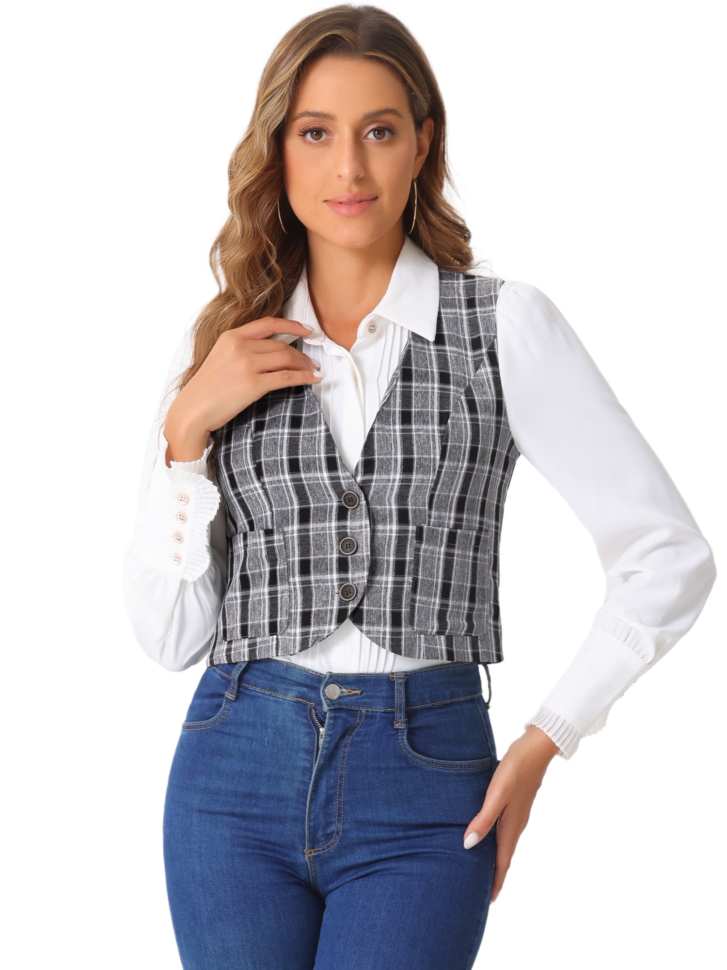 DARING DIVA Women's Plaid Single Breasted Sleeveless Racerback Waistcoat XL Black White
