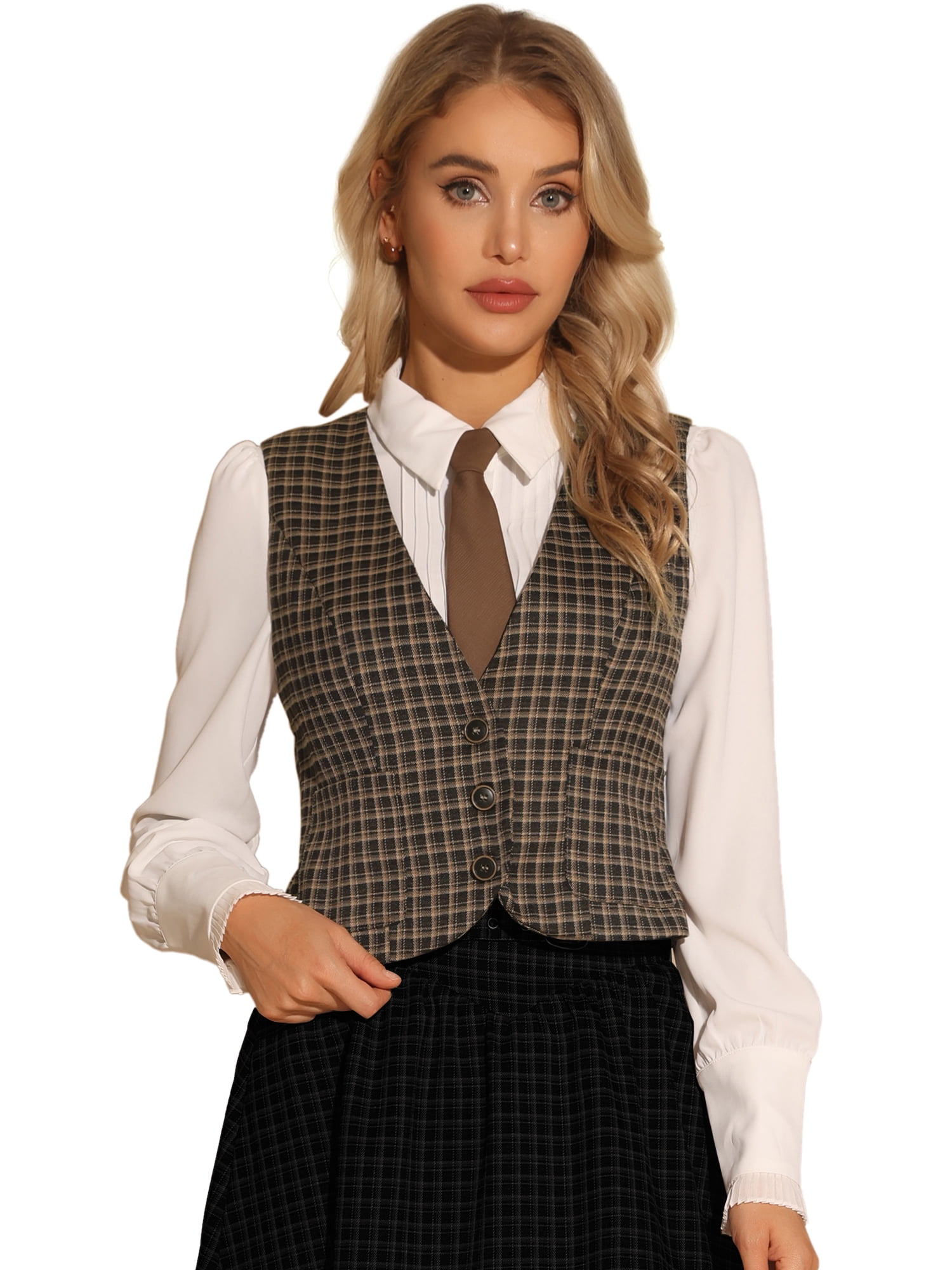 DARING DIVA Women's Plaid Single Breasted Sleeveless Racerback Waistcoat XS Brown