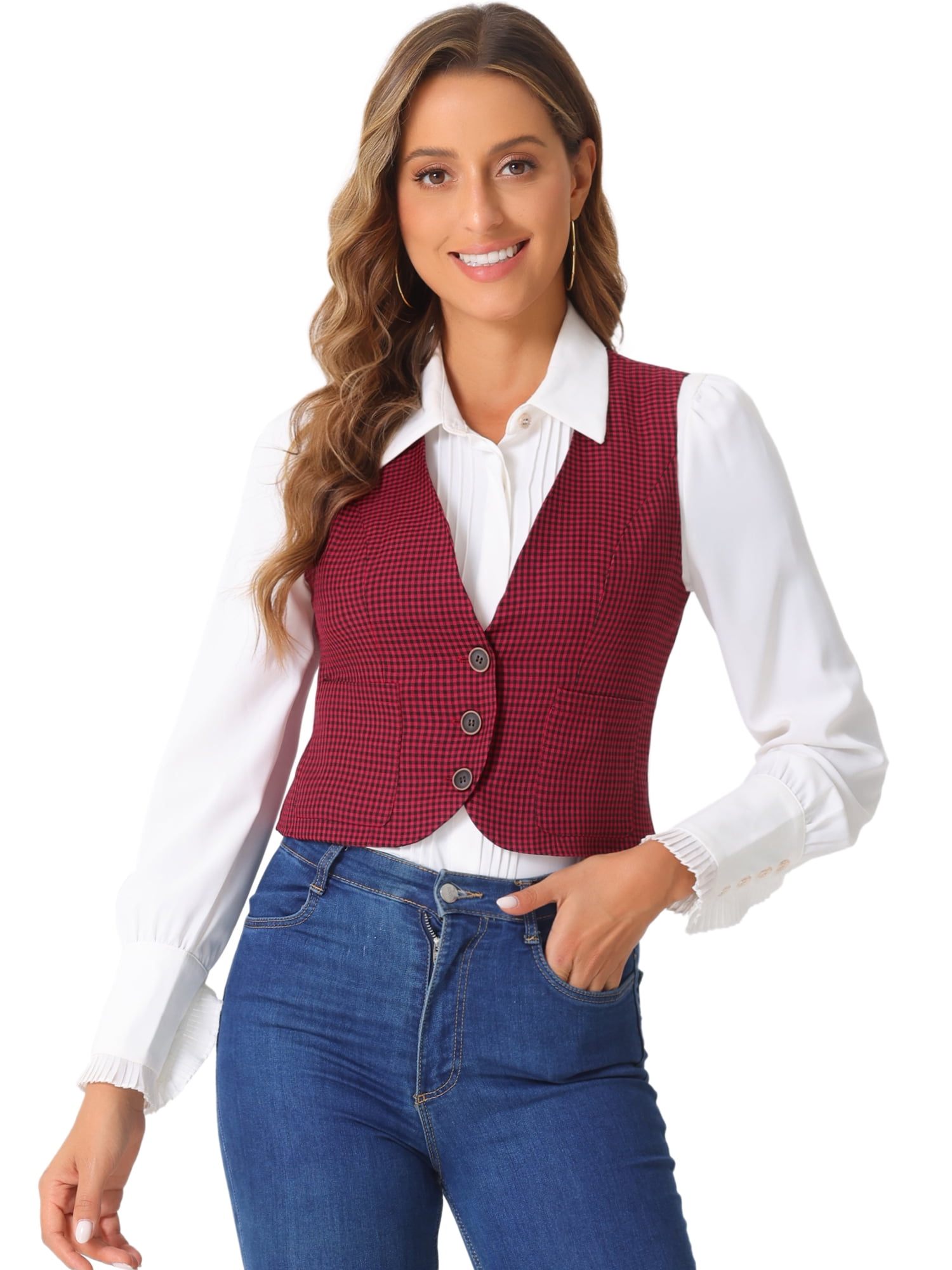 DARING DIVA Women's Plaid Single Breasted Sleeveless Racerback Waistcoat XS Red Black