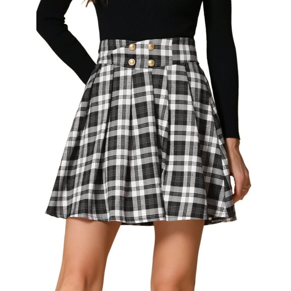 DARING DIVA Women's Plaid Tartan A-Line Buffalo Pleated Skirts M Black White