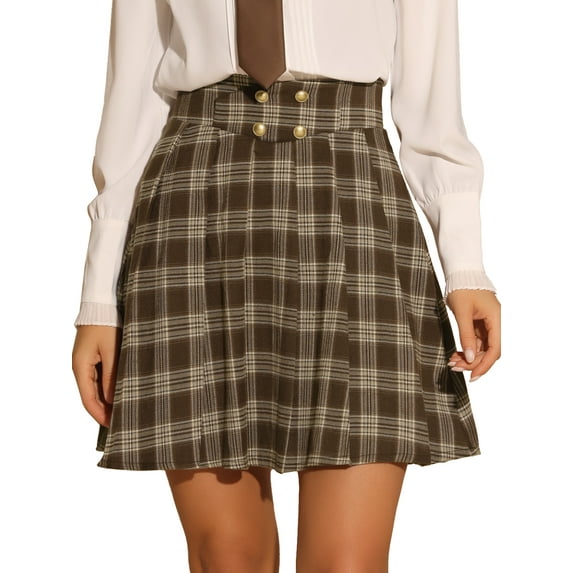 DARING DIVA Women's Plaid Tartan A-Line Buffalo Pleated Skirts M Brown