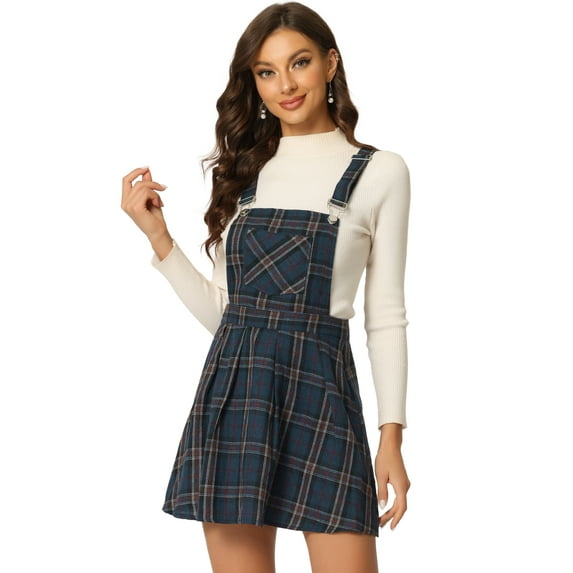DARING DIVA Women's Plaid Tartan Adjustable Strap Pinafore Overall Dress M Dark Blue