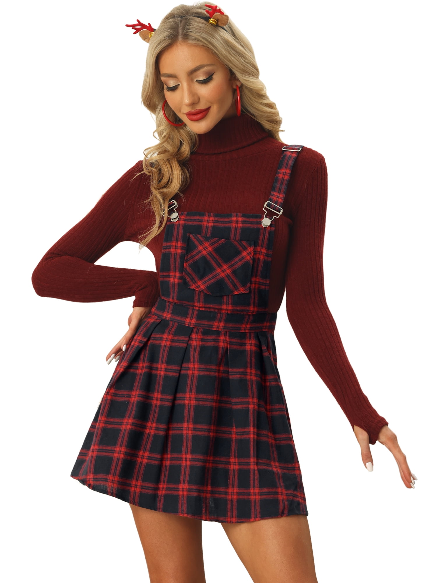 DARING DIVA Women's Plaid Tartan Adjustable Strap Pinafore Overall Dress XS Red Blue
