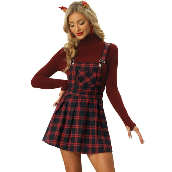 DARING DIVA Women's Plaid Tartan Adjustable Strap Pinafore Overall Dress XS Red Blue