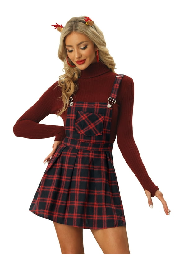 Women's Plaid Tartan Adjustable Strap Pinafore Overall Dress XS Red Blue