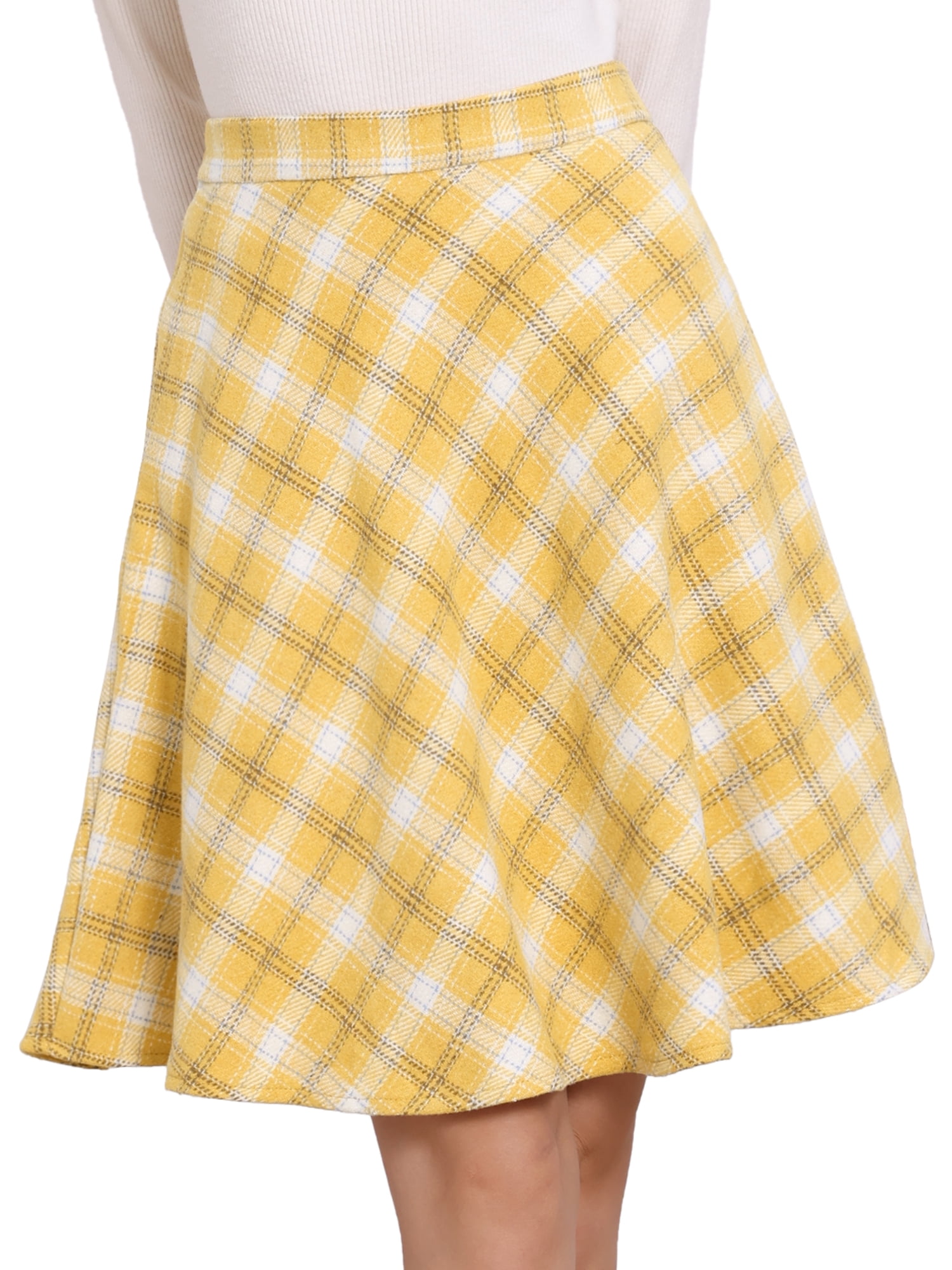 DARING DIVA Women's Plaid Tartan Elastic Waist Knee Length A-Line Skirt L Yellow