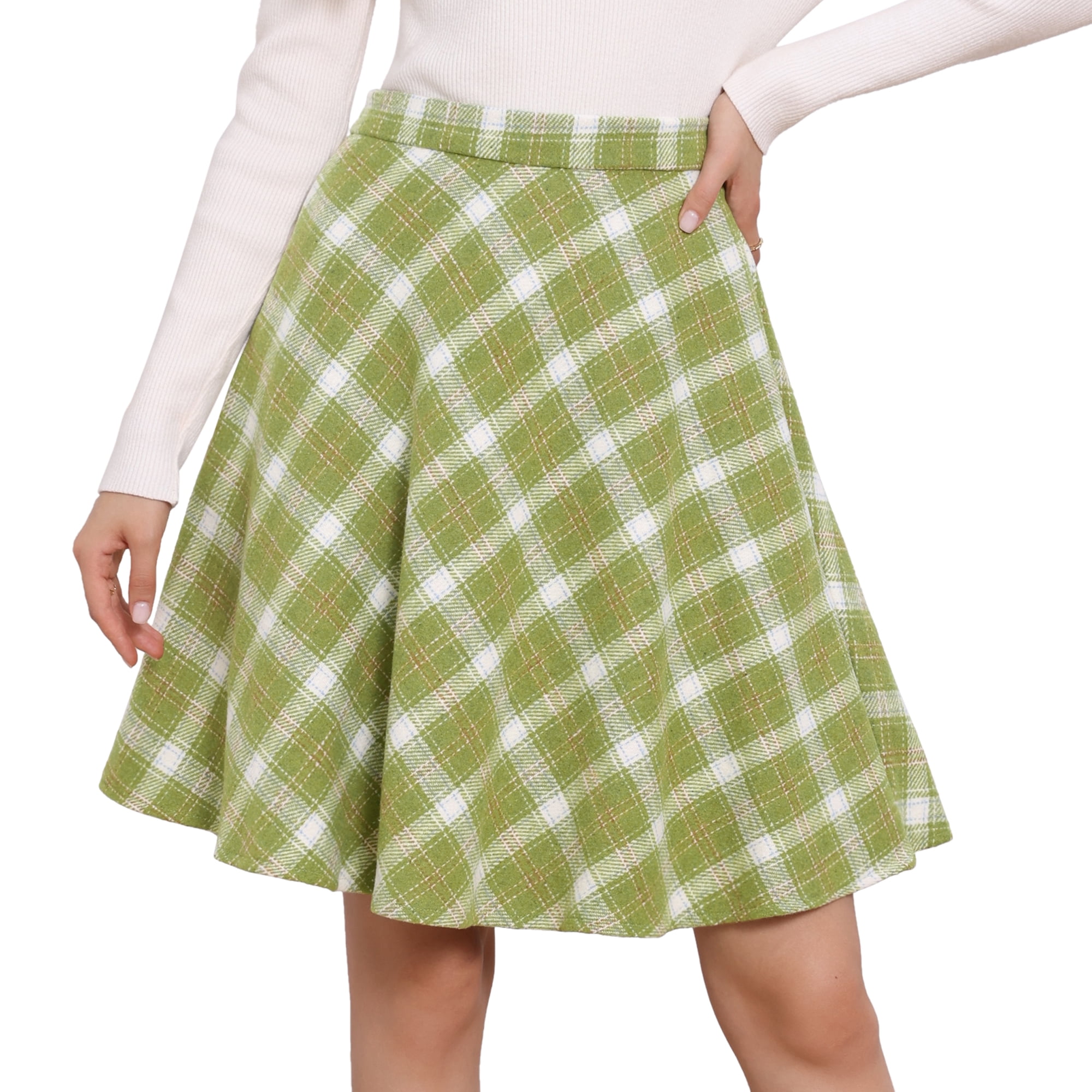 DARING DIVA Women's Plaid Tartan Elastic Waist Knee Length A-Line Skirt XL Light Green