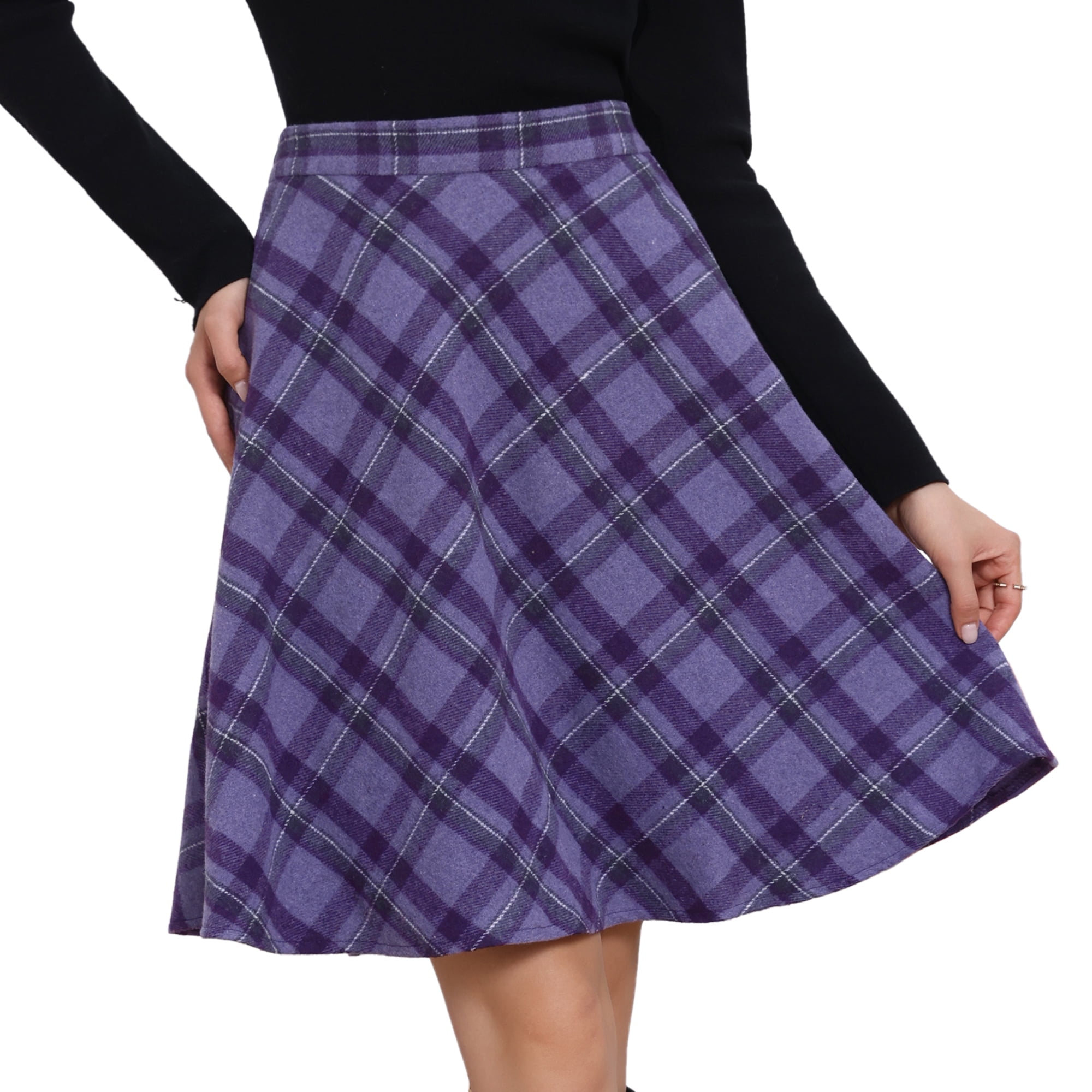 DARING DIVA Women's Plaid Tartan Elastic Waist Knee Length A-Line Skirt XS Dark Purple