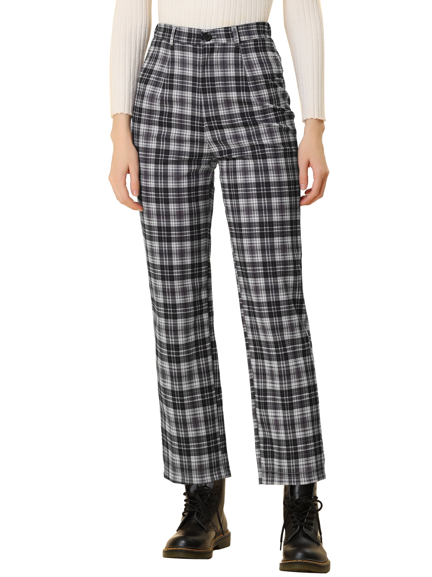 DARING DIVA Women's Plaid Trousers Button Tartan Check Work Pants 2XL Black