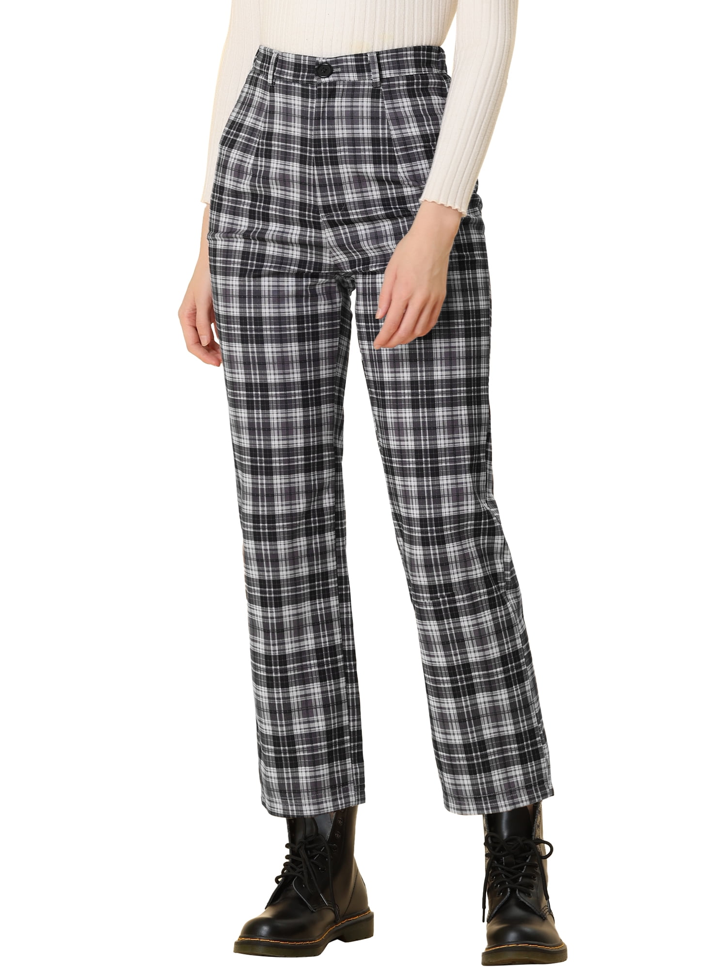 DARING DIVA Women's Plaid Trousers Button Tartan Check Work Pants L Black