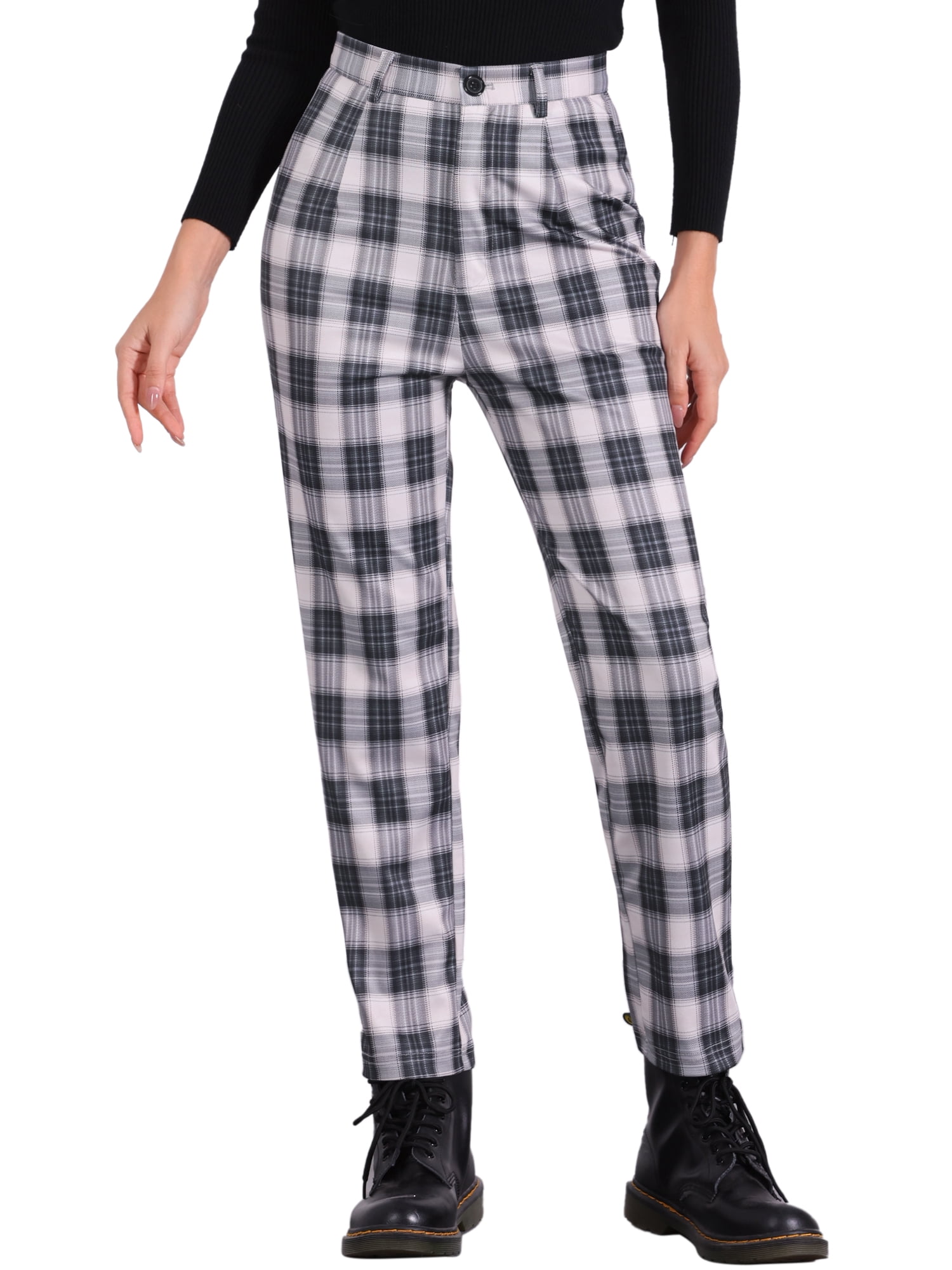 DARING DIVA Women's Plaid Trousers Button Tartan Check Work Pants M Black Beige