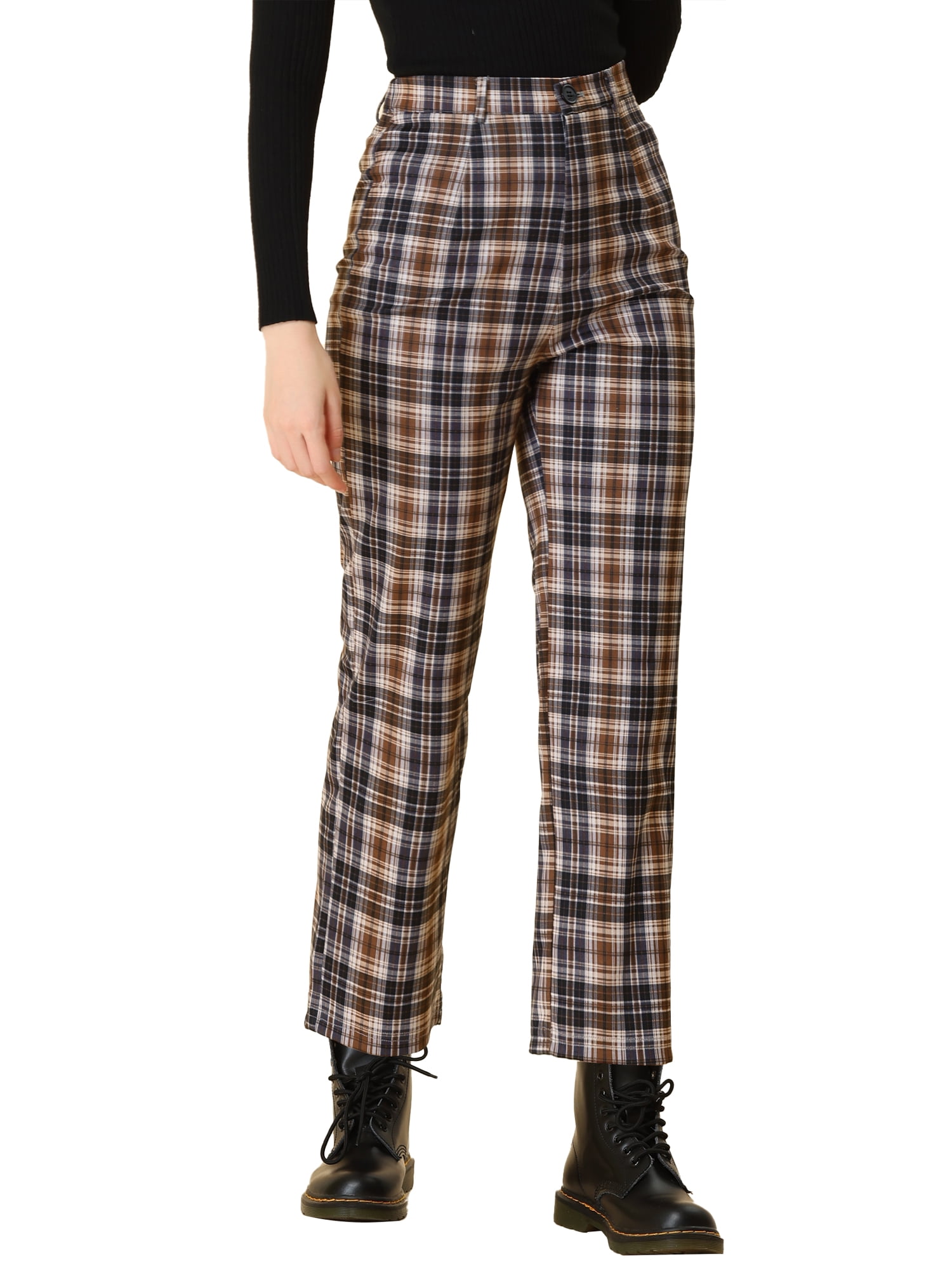 DARING DIVA Women's Plaid Trousers Button Tartan Check Work Pants M Brown