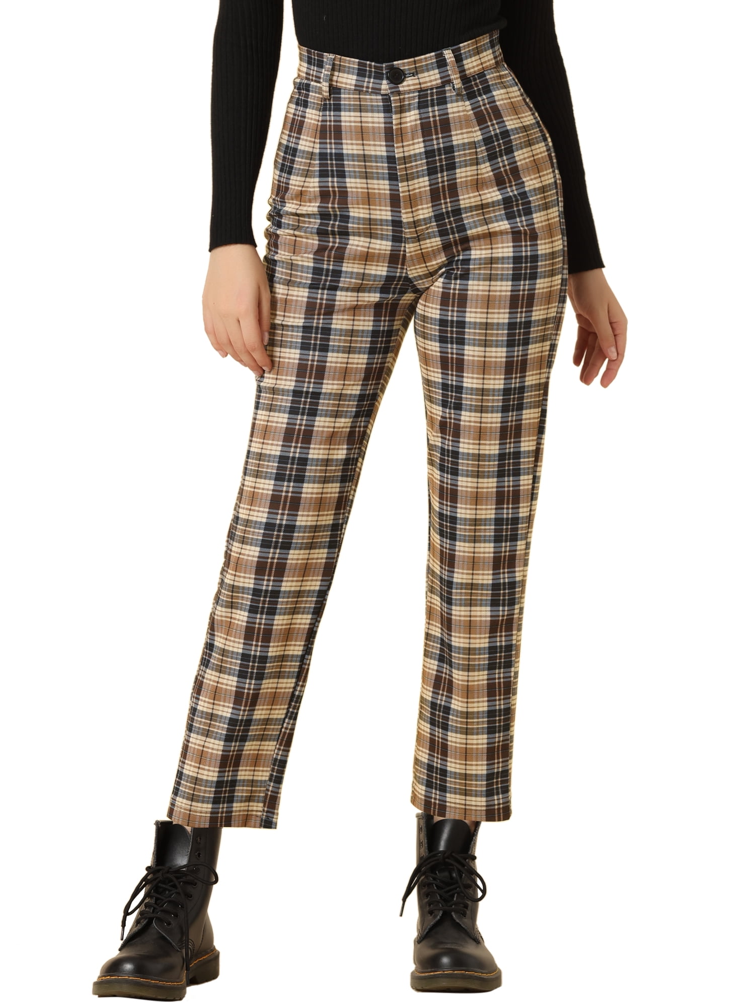 DARING DIVA Women's Plaid Trousers Button Tartan Check Work Pants M Dark Brown