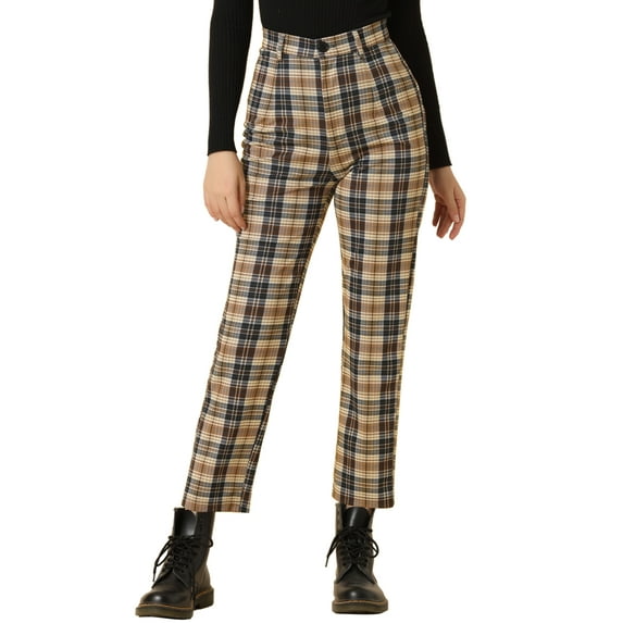 DARING DIVA Women's Plaid Trousers Button Tartan Check Work Pants M Dark Brown