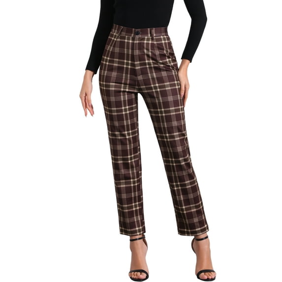 DARING DIVA Women's Plaid Trousers Button Tartan Check Work Pants M Red Brown