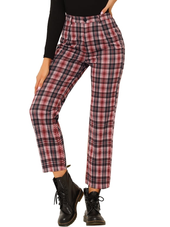 Women's Plaid Trousers Button Tartan Check Work Pants M Red