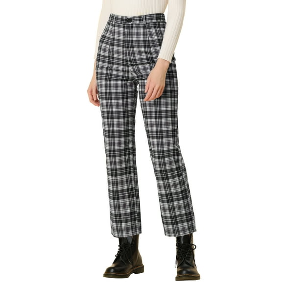DARING DIVA Women's Plaid Trousers Button Tartan Check Work Pants S Black