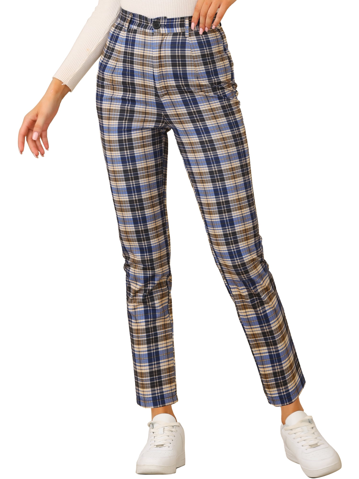DARING DIVA Women's Plaid Trousers Button Tartan Check Work Pants S Blue