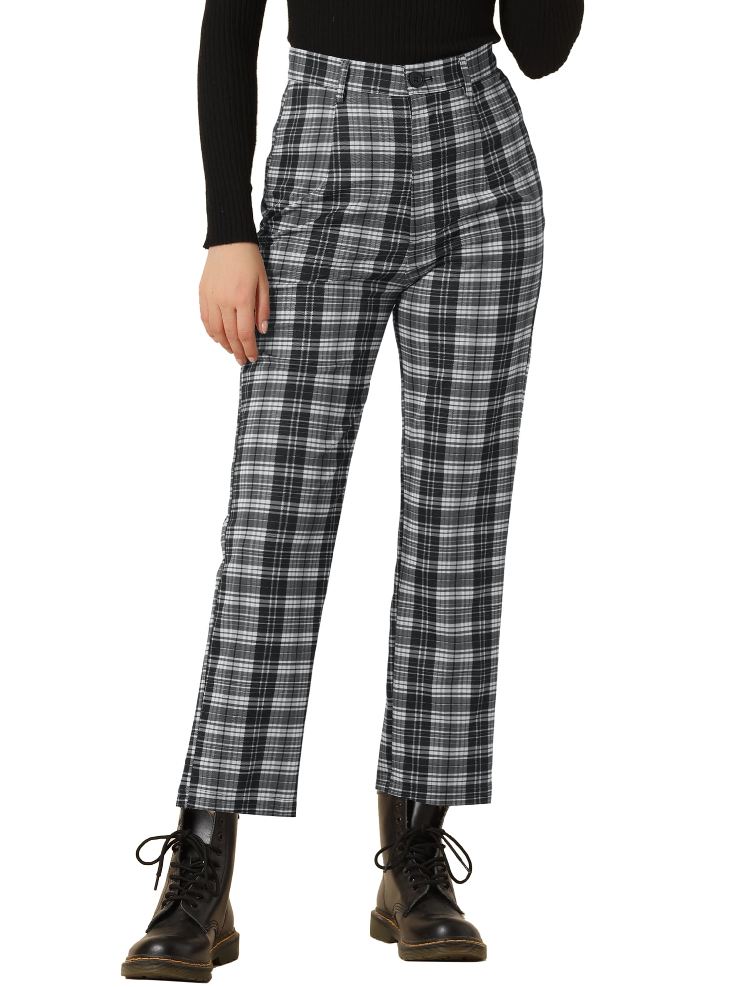 DARING DIVA Women's Plaid Trousers Button Tartan Check Work Pants XL Black White