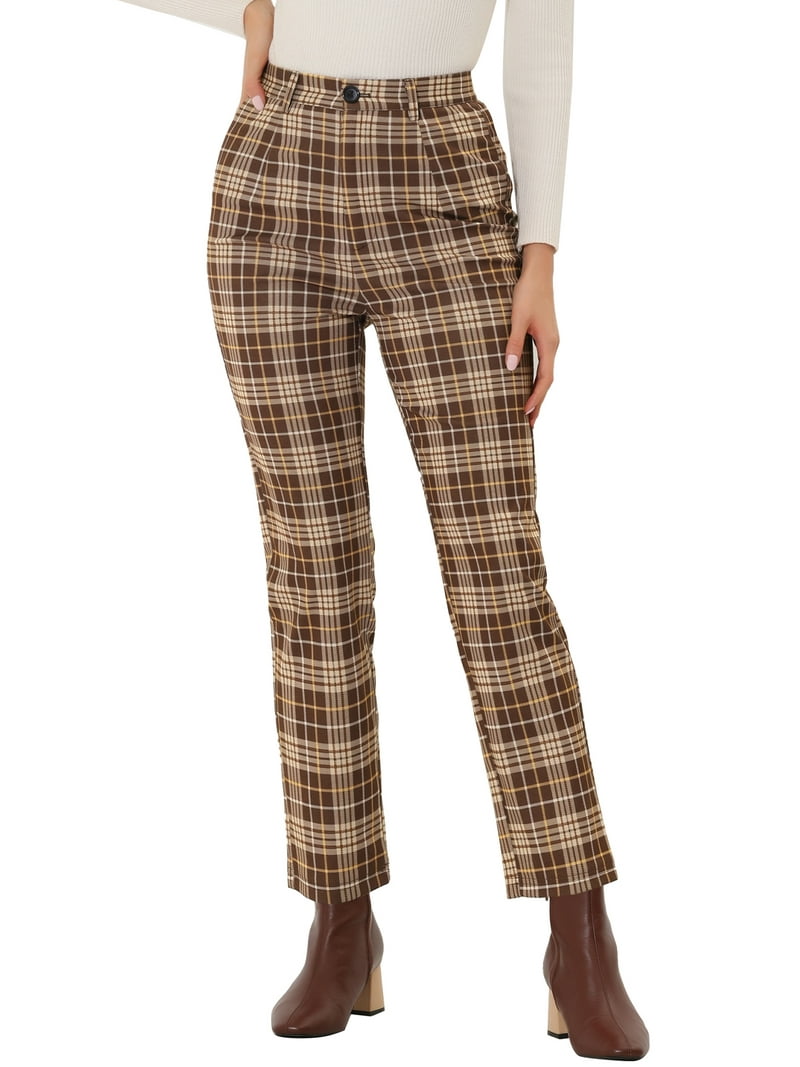DARING DIVA Women's Plaid Trousers Button Tartan Check Work Pants